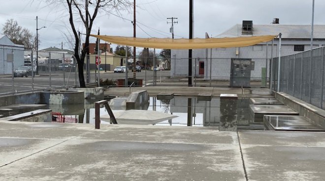 Lemoore's downtown skateboard park turned into a small ponding basin early Saturday morning. More rain is expected this week.
